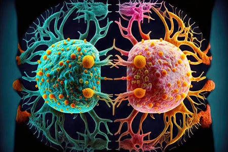 Two pink blue spherical cells in process of cell divisionの素材