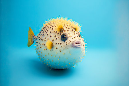 Balloon-like puffer fish with sharp spikes on blue backgroundの素材