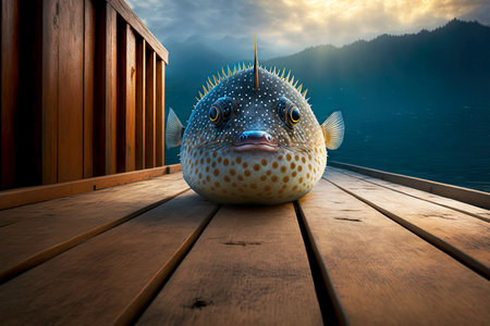 Caught puffer fish lies on wooden pier boardsの素材