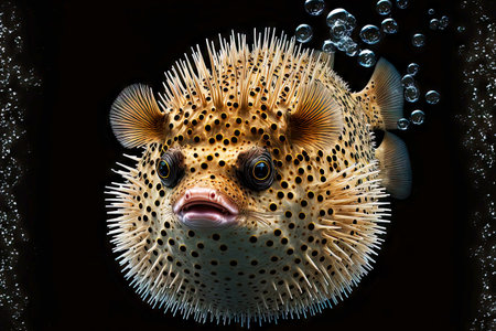 Swollen puffer fish with spikes on mottled body isolated against dark backgroundの素材