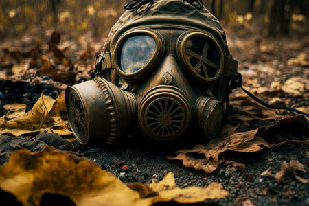Toxic pollution gas mask on ground and radiation hazardの素材