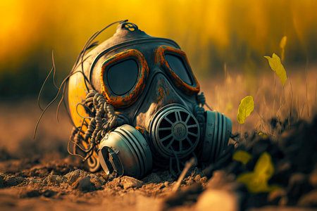 Gas mask lying on ground during radiation hazardの素材