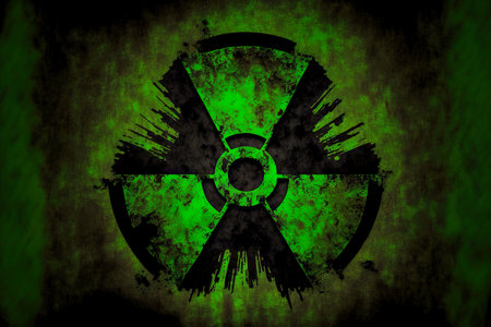 Luminous green with black symbol denoting radiation hazardの素材