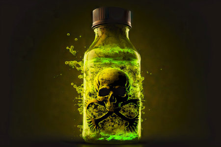 Bottle with toxic bright neon liquid representing radiation hazardの素材