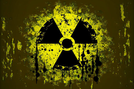 Old stained black yellow sign with radiation hazardの素材