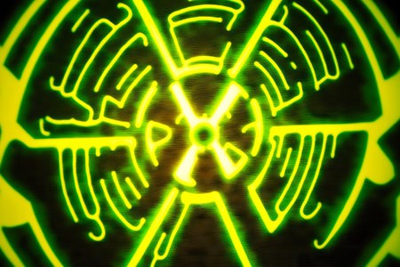 Bright green sign in form of circle symbolizing radiation hazardの素材