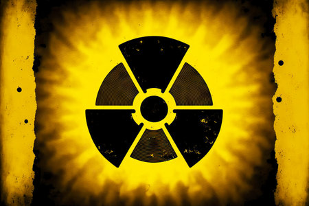 Black and yellow signs on wall indicating radiation hazardの素材