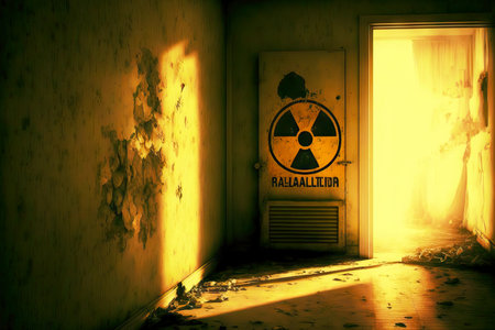 Radiation hazard sign hanging on wall in abandoned living spaceの素材