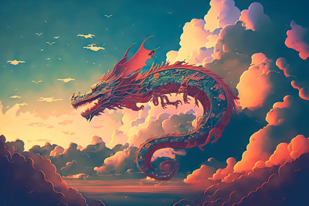 Magical Chinese red dragons flying high in cloudsの素材