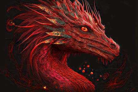 Large head of fairy tail red dragons with orange eyesの素材