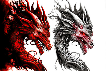 Painted picture of black and red dragons isolated on white backgroundの素材