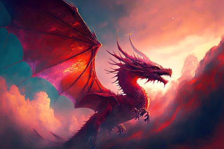 Huge red dragons flapping its wings among cloudsの素材