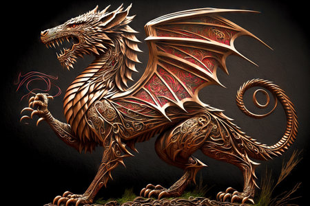 Bronze statue of mystical red dragons with raised pawの素材