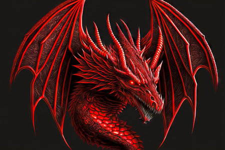 Neck with head from red dragons on dark gray backgroundの素材