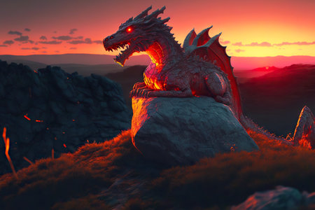 Fabulous red dragons lie quietly on high rock at sunsetの素材