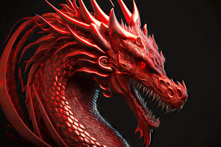 Dangerous head of red dragons with red eyes on dark backgroundの素材