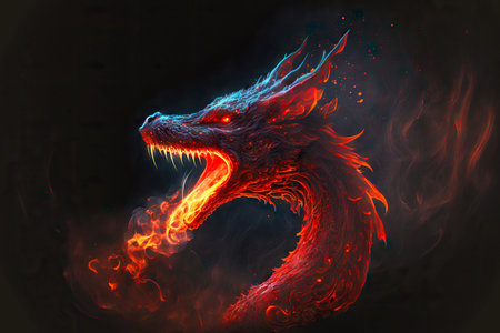 Spewing fire from mouth of evil and dangerous red dragonsの素材