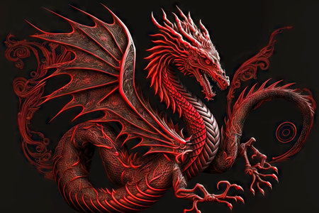 Figure of fabulous oriental red dragons with spread wings and pawsの素材