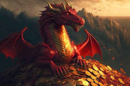 Fabulous monster in form of red dragons guarding gold coinsの素材
