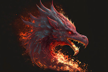 Flame-engulfed mystical red dragons on black backgroundの素材