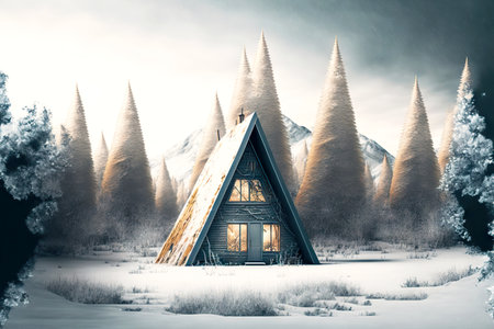 A-frame cabin against background of winter nature with snow-covered treesの素材