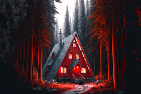 Cozy country cottage in form of A-frame cabin among trees in gladeの素材