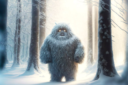 Shaggy from head to toe forest bigfoot in snow in forestの素材