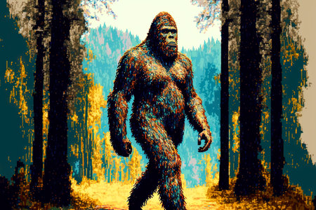 Image of creepy bigfoot in yellow orange tones against tree backgroundの素材