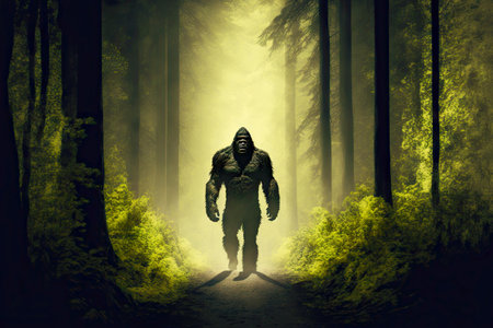 Illuminated forest path with bigfoot monster walking along itの素材