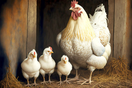 White chicken with similar chicks in chicken coop on farmの素材