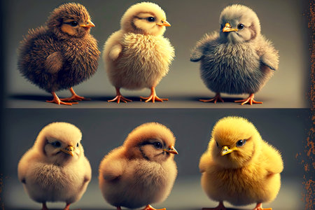 Charming newborn fluffy chicks with thin legs on gray backgroundの素材