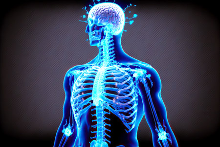 highlighted human skeleton with bones and problems spine painの素材