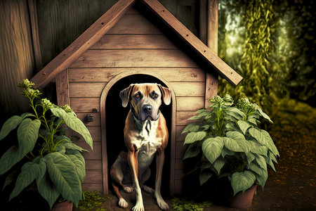 Friendly dog in wooden doghouse on background of natureの素材