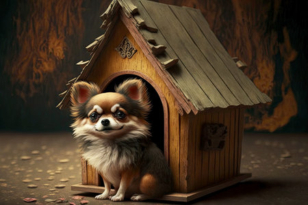Small Chihuahua puppy in wooden doghouse hut on dark backgroundの素材