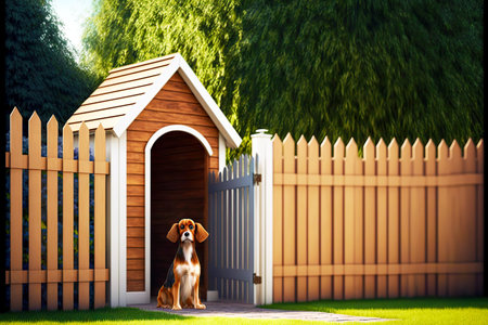 Large spacious wooden doghouse with dog next to fenceの素材