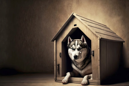 Purebred Siberian husky dog lying in wooden doghouseの素材