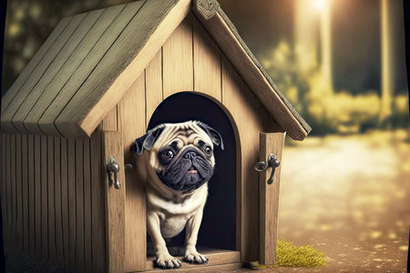 Purebred funny pug sitting in wooden doghouseの素材