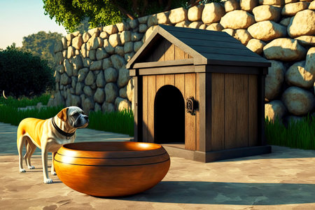 Small dog near wooden doghouse suitable for bowl with foodの素材