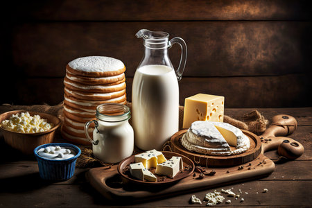 Cream in glass bottle butter and dairy product on wooden tableの素材