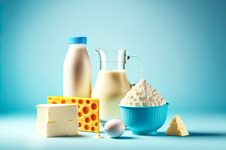 Milk bottle with blue egg cap and other useful dairy productの素材