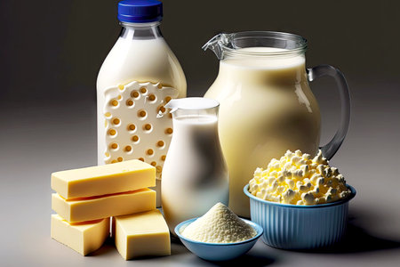 Cottage cheese in small bowl with cream in jug and dairy productの素材