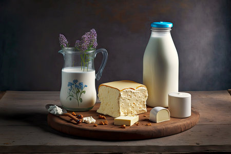 bottle of cream and dairy product next to jug with flowersの素材