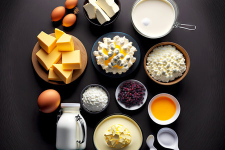 Dark brown table filled with dairy product cheese and butterの素材