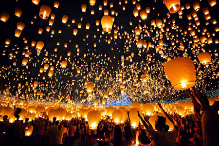 Area filled with people releasing floating asian lanternsの素材