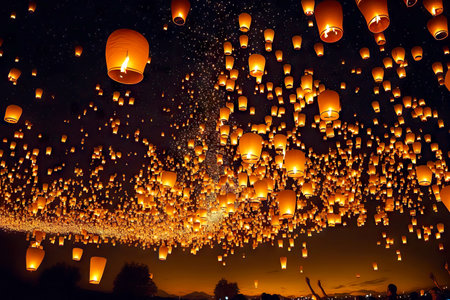 Area filled with people releasing floating asian lanternsの素材