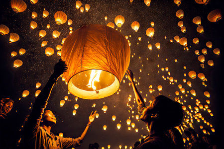 People holding in hands lit floating asian lanternsの素材