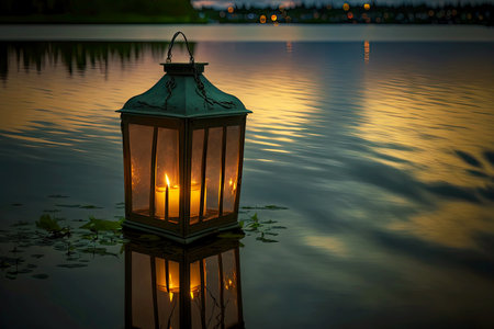 Traditional floating asian lanterns in form of house floating on waterの素材