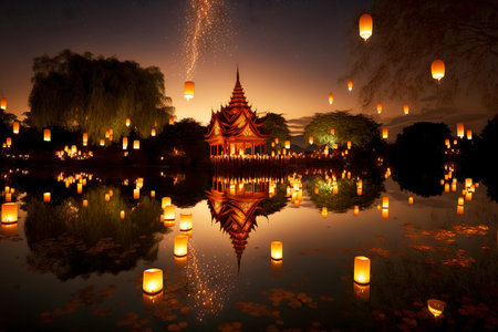 Pagoda on shore of lake and floating asian lanterns reflected in itの素材
