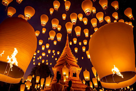 Traditional floating asian lanterns launched into sky in honor of religious holidayの素材