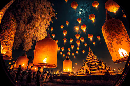 Traditional floating asian lanterns launched into sky in honor of religious holidayの素材